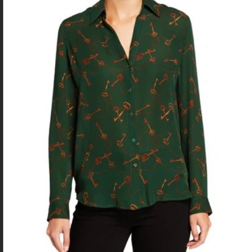 L'AGENCE Green Blouse with Gold Key Print